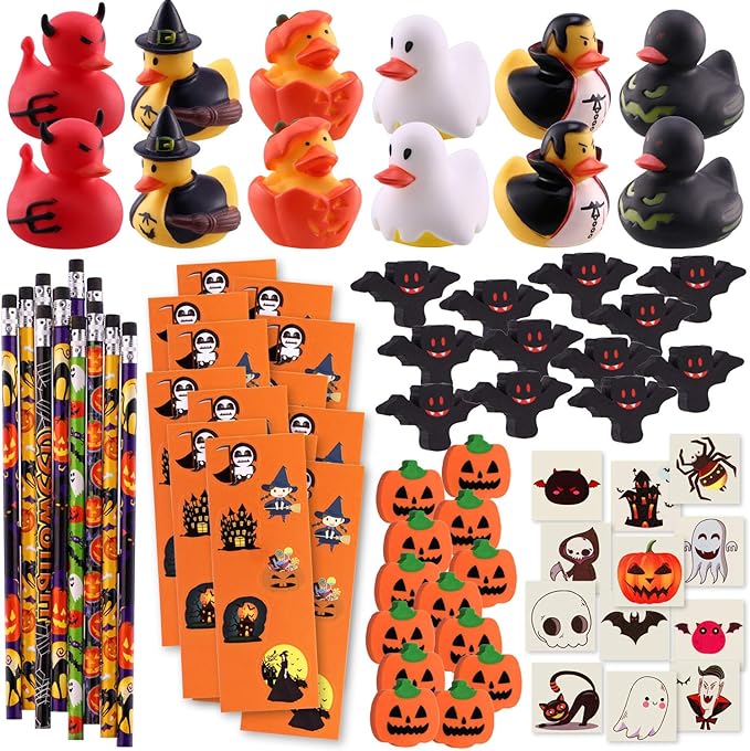 NEWBEA 156 Piece Halloween Party Favors Toys Assortment | 72 Halloween Glitter Tattoos | 48 Halloween Erasers | 12 Halloween Ducks | 12 Halloween Sticker Sheets | 12 Halloween Pencils