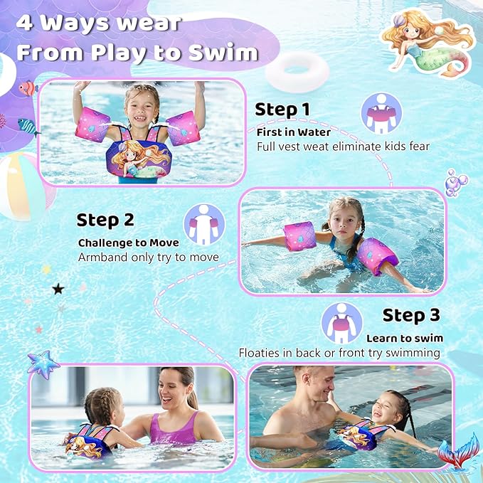 Vvinca Separable Toddler Swim Vest Fit 22-66 Lbs（1-6 Years）|2025 Newest 3 in 1 Pool Float & Arm Bands Boys and Girls, Adjustable Sturdy Safety for Infant 1 2 3 4 5 6 Year