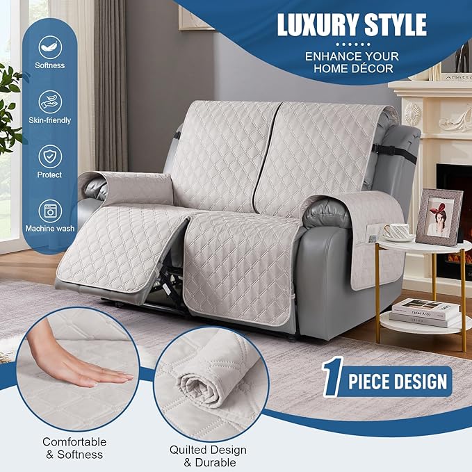 TAOCOCO Loveseat Recliner Cover, 1-Piece Waterproof, Off White, 2 Seater, Soft & Comfortable, Leg Straps, Washable, Couch Protector for Dogs Kids