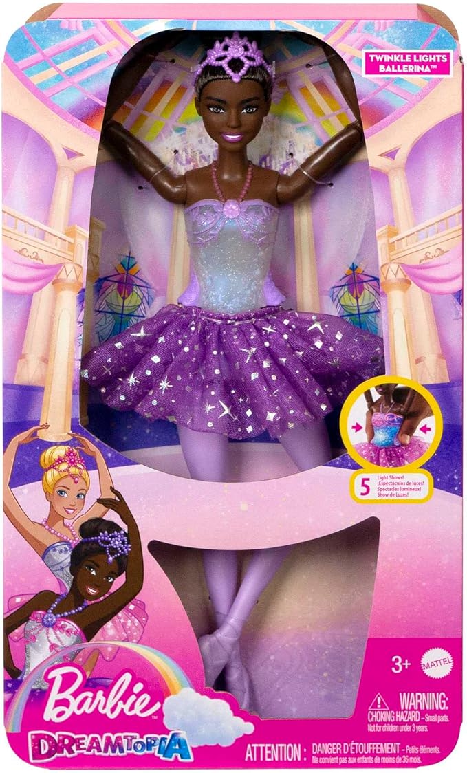 Barbie Dreamtopia Doll, Twinkle Lights Posable Ballerina with 5 Light-Up Shows, Sparkly Purple Tutu, Black Hair & Hair Accessory