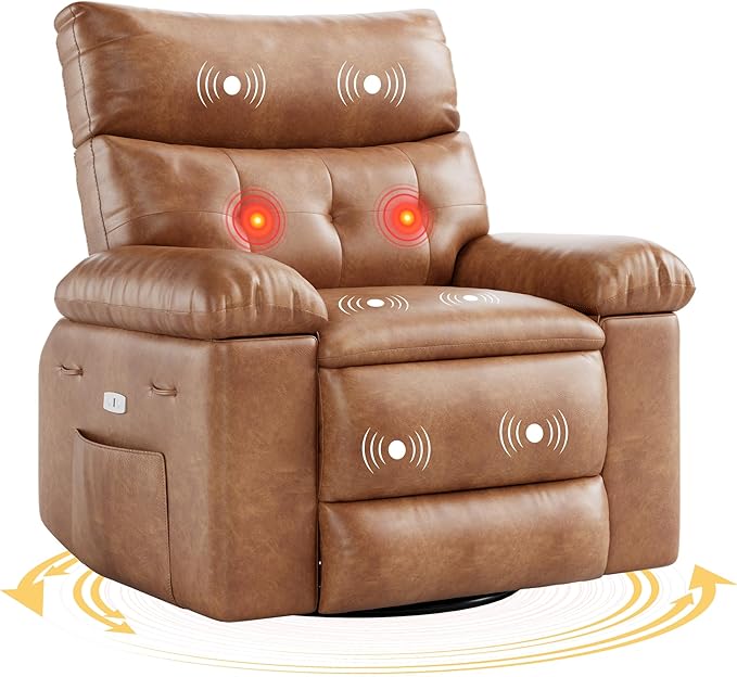 Electric Recliner Chair - 360° Rocker Swivel Recliner with Heat and Massage, PU Leather Large Power Recliner for Adults, Comfortable Lazy Chair with 1.5X Sponge Filling