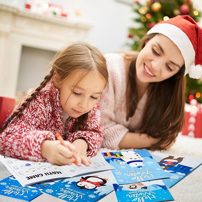 ANGOLIO 24Pcs Hello Winter Activity Coloring Books Including Snow Snowman Polar Bear Penguin DIY Art Drawing Patterns Learn Math Party Favors Christmas Gifts Home Classroom Activity Supplies for Kids