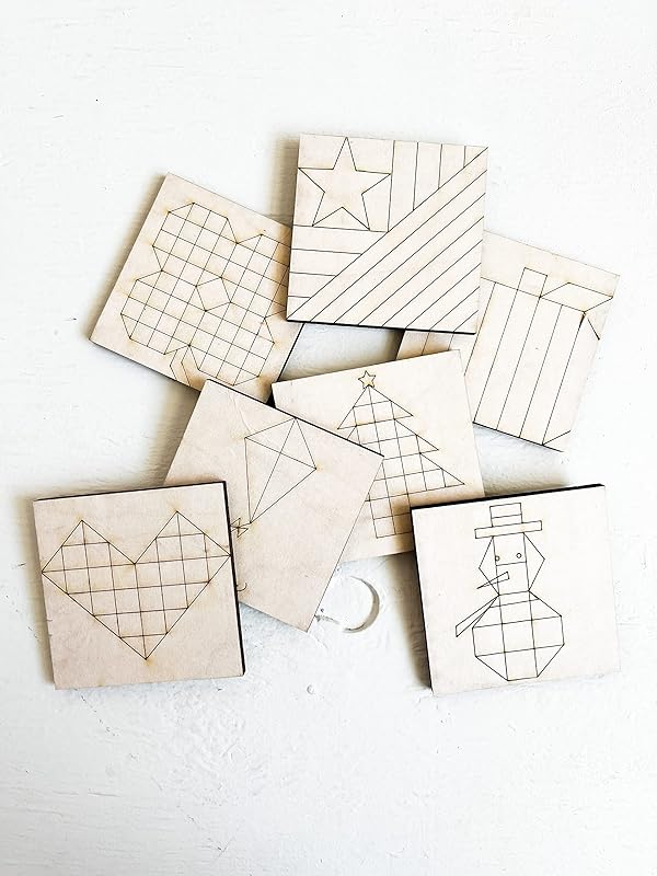 Set of 4 Coasters Small Barn Quilt Kit DIY Pattern Unfinished Wood Quilting Block Sign Paintable Art for Adults and Kids (HST Fun, Cardinal, Pinapple, Boho)