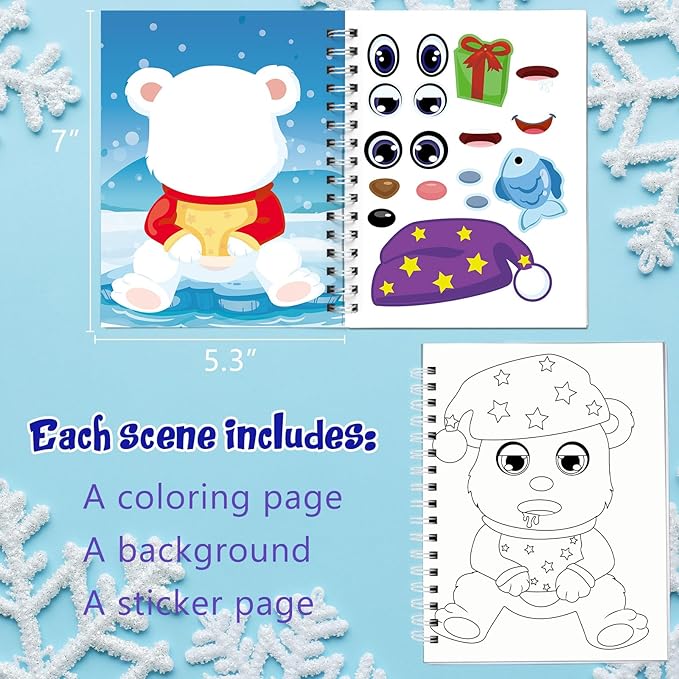 Omgouue Winter Wonderland Sticker Coloring Books 3-Pack,Christmas Toys Activity Pad for Kids Toddlers Ages 2-8(36 Scenes)