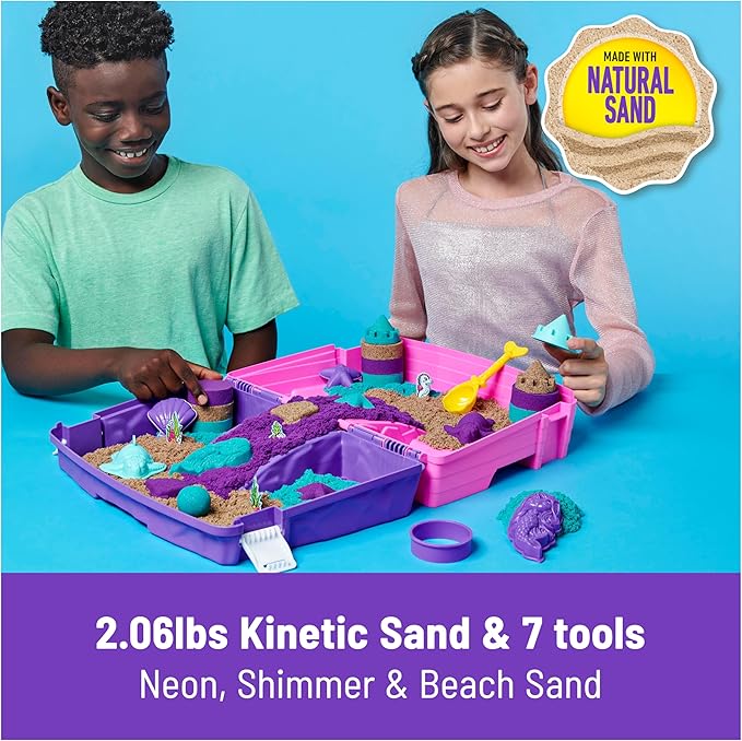 Kinetic Sand, Mermaid Palace Playset with 2.06lbs Play Sand (Neon Purple, Shimmer Teal & Beach), Tools & Folding Sandbox, Sensory Toys for Kids
