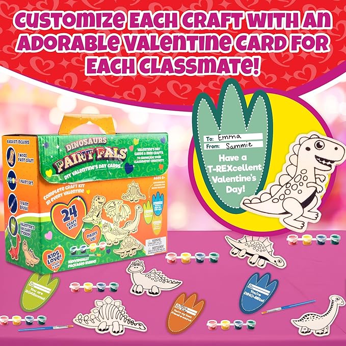 Set of 24 Valentines Cards for Kids Classroom - Valentine's Day Dinosaur Wood Painting Kits for Kids School - Each Valentines Gift Includes Complete Craft Kit & Card for Boys Girls Classroom Exchange