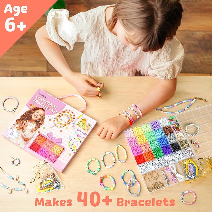 Paodey Girls Gifts Bracelet Making Kit, 20 Colors Polymer Clay Beads with Charms Arts and Crafts Kit Jewelry Making Set Birthday Gift Idea Girl Toys Gifts for Kids Ages 6-13