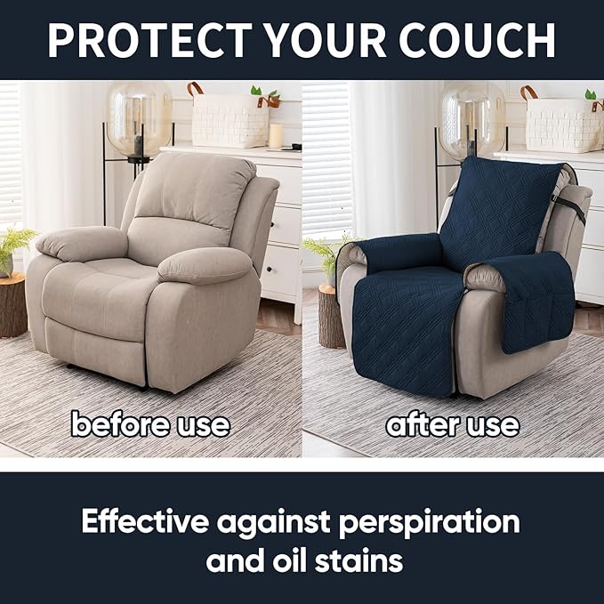 Easehomey 100% Waterproof Recliner Chair Covers, Non Slip Oversized Reclining Cover, Cover Furniture Protector Washable Chair Cover with Pocket,Elastic Straps for Kids,Pets,Dogs(Dark Blue,28")