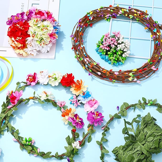 Syhood Mini Plum Blossom Crowns Making Kit, 120 Pcs Parts, Make Your Own Flower Crown Wreath Headbands and Bracelets Craft Kit Hair Accessories Handmade DIY Floral Crown Garland Kit Presents