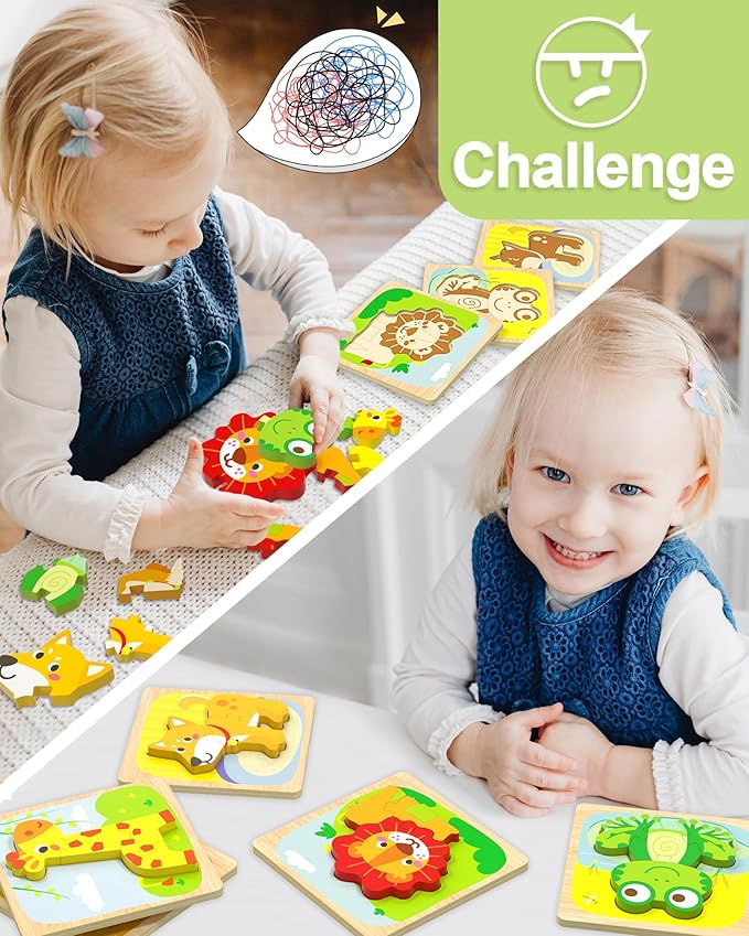 Benresive Wooden Toddler Puzzles, 6pcs Animal Montessori Toys for 1-3 Year Old Boys & Girls, Learning Educational Preschool Toys, Great Gifts for 1 2 3 Year Olds
