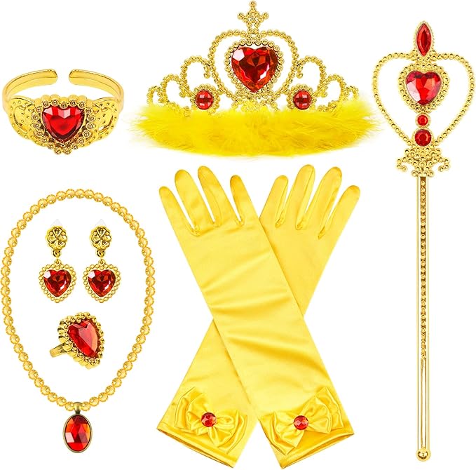 Princess Dress Up Accessories Princess Gloves, 7pcs Dress Up Set for Toddler Girls (Yellow, 7PCS)