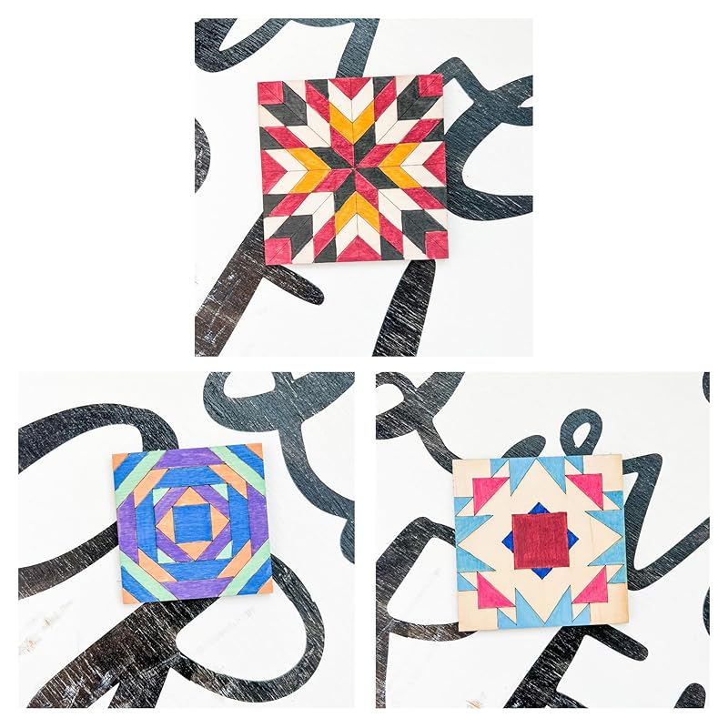 Set of 4 Barn Quilt Kit DIY Pattern Unfinished Wood Quilting Block Sign Paintable Art for Adults and Kids (6 Inches Square) (Boho, Large Milky Way, HST Fun, Classic Pineapple)