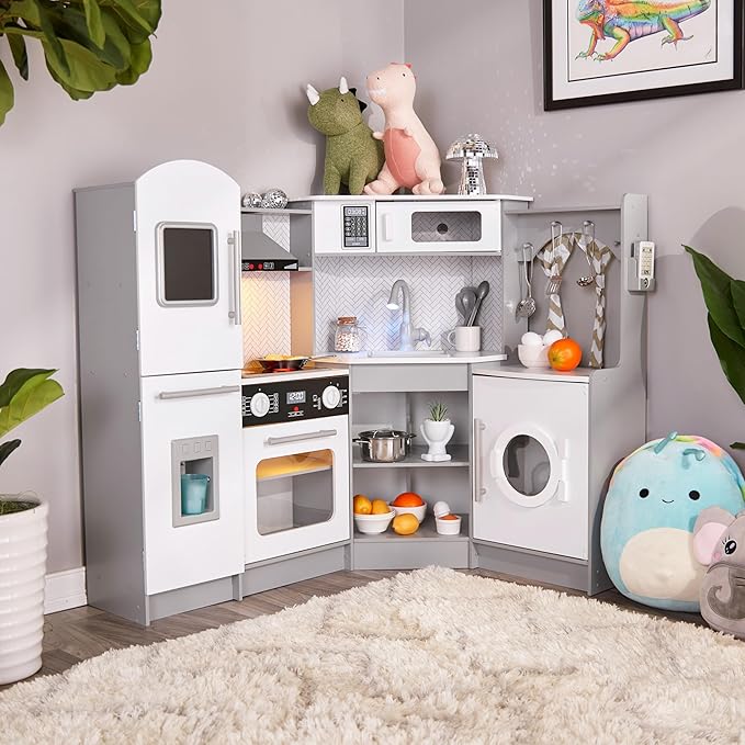 Lil' Jumbl Kids Corner Kitchen Set, Pretend Wooden Deluxe Play Kitchen, Battery Operated Icemaker, Stovetop & Faucet with Realistic Sound - Grey