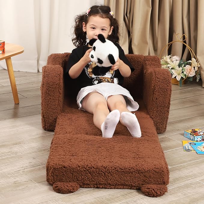 Kids Chairs for Toddler, 2-in-1 Toddler Soft Sherpa Couch Fold Out, Convertible Sofa to Lounger for Girls and Boys, Teddy Bear, Brown