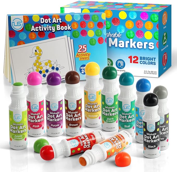 Dot Markers for Toddlers Activities and Kids 12 Colors Washable Bingo Daubers, Dot Art, Toddler Art and Crafts, Bingo Markers and Includes a Free Dotting Markers Activity Book