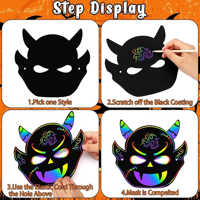 AUGSUN Halloween Crafts, Rainbow Scratch Mask for Halloween Party Favors Supplies Magic Scratch Paper Art Mask for Kids