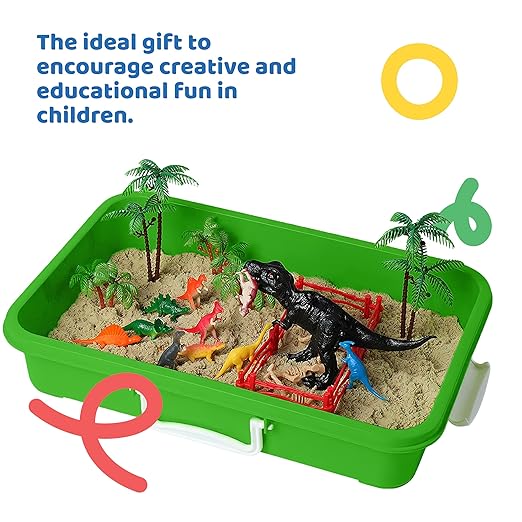 Dinosaur Play Sand Kit - Sensory Bin Sandbox, 2 Bags of Safe Sand and 34 Pieces - Feels Like Wet Sand Without The Mess - Comes with Bin, Lid, Dinosaur Figures, Dino Molds, Trees, Fences