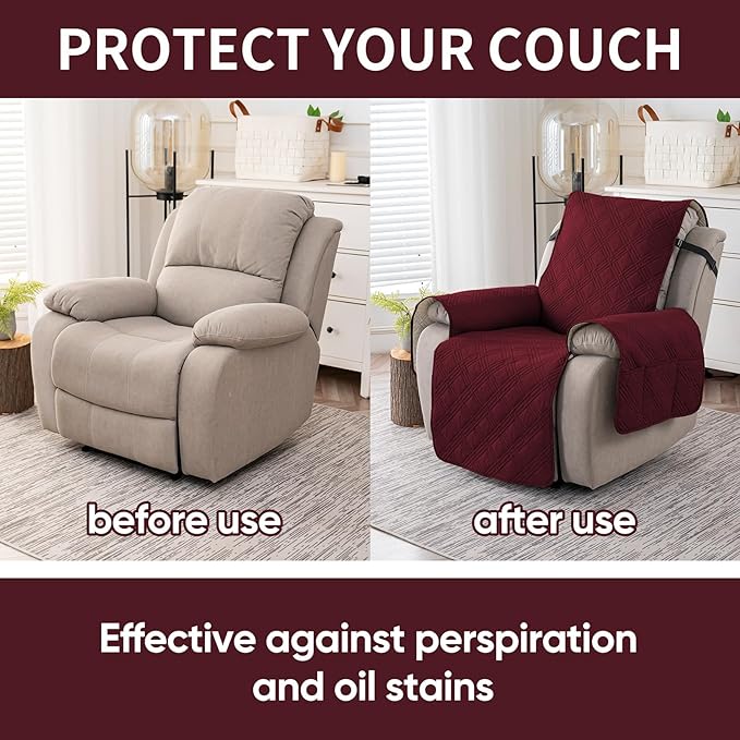 Easehomey 100% Waterproof Recliner Chair Covers, Non Slip Oversized Reclining Cover, Cover Furniture Protector Washable Chair Cover with Pocket,Elastic Straps for Kids,Pets,Dogs(Wine Red,28")