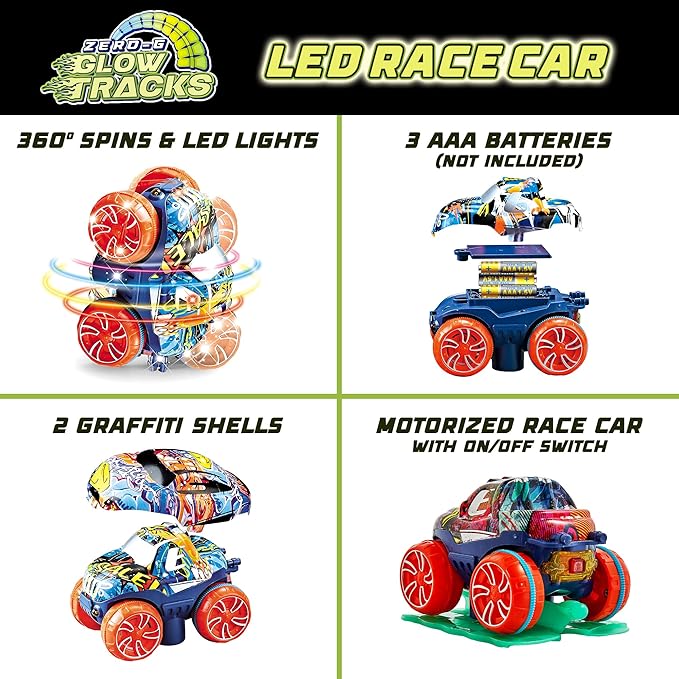 USA Toyz Zero-G Glow Race Track for Kids- 150pcs Glow in The Dark Flexible Race Track Set with Suction Cups, Slot Car, 2 Graffiti Toy Cars Shells, STEM Toy LED Car Tracks for Boys and Girls Age 3+