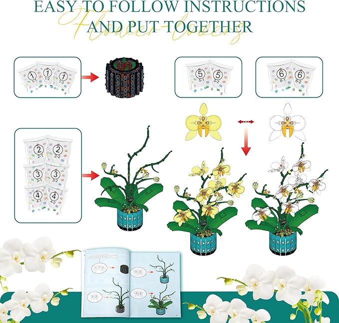 BAKA Orchid Flower Building Kit for Adults and Kids, Orchid Bonsai Building Set for Home Decor Botanical Collection in White and Yellow Orchid, Idea Gift for Valentines Day, Birthday - 1110pcs