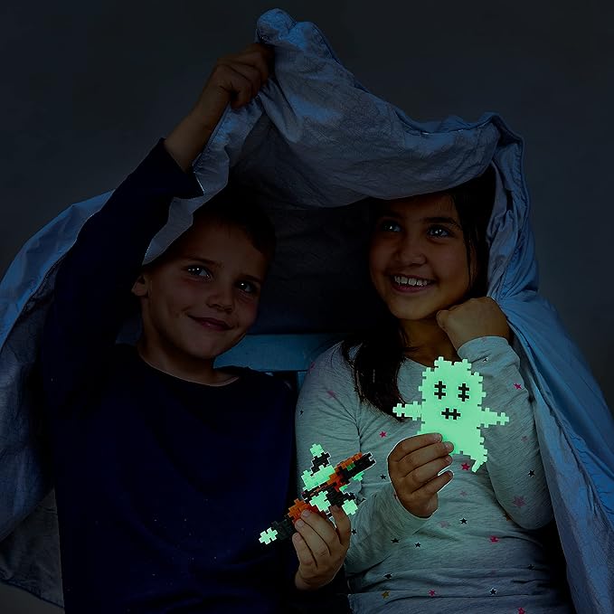 PLUS PLUS 240 Piece Interlocking Building Blocks for Kids, Open Ended Connecting Toys, STEM Bin Mini Manipulatives - Glow Mix Play Tube & Baseplate