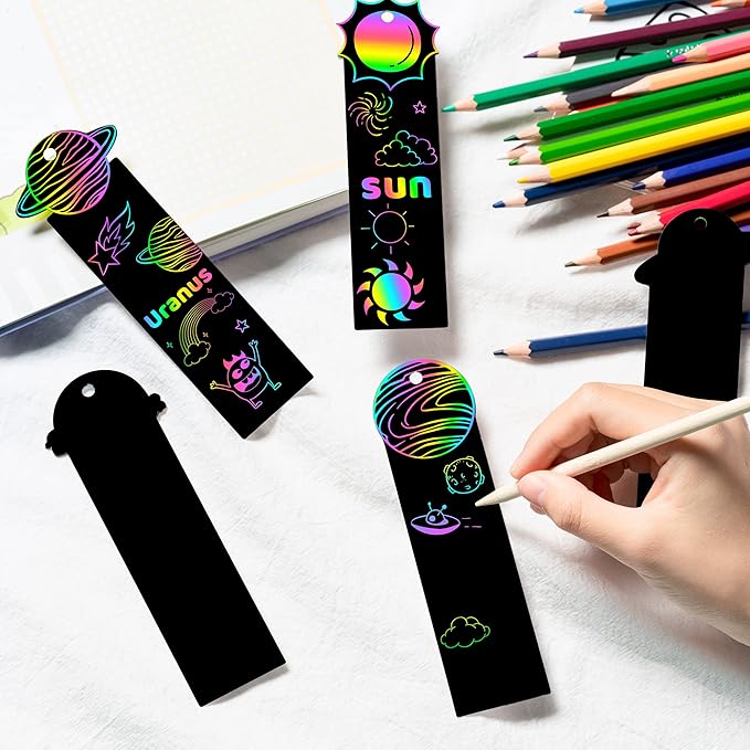 CY2SIDE 72PCS Solar System 9 Planets Scratch Bookmarks for Kids, Outer Space Theme Scratch Card Craft Kits, Galaxy Star Magic Art Rainbow Color Craft Kit for School Party Favors