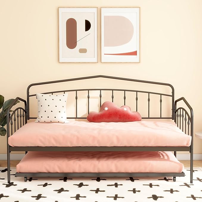 Christopher Knight Home Fox Twin Daybed with Trundle, Metal Sofa Bed Set, Rollaway Daybed Couch Bed Frame for Bedroom Living Room Guest Room, Elegant and Simple Style, Anti-Noise, Easy Assembly, Black
