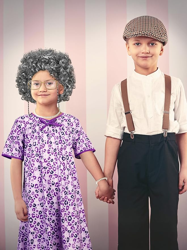 Old Lady Costume for Kids, Girls 100 Day of School Cosplay Black White Curly Wig Cap Glasses Cane Necklace Bracelet