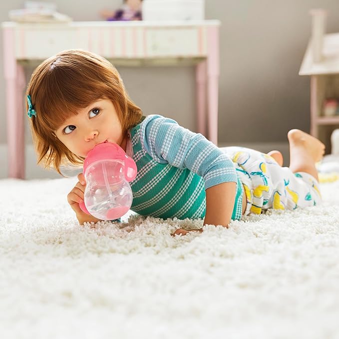 Munchkin® Splash™ 4 Piece Toddler Divided Plate and Bowl Dining Set, Pink/Purple & Any Angle™ Weighted Straw Trainer Cup with Click Lock™ Lid, 7 Ounce, 2 Pack, Pink/Purple