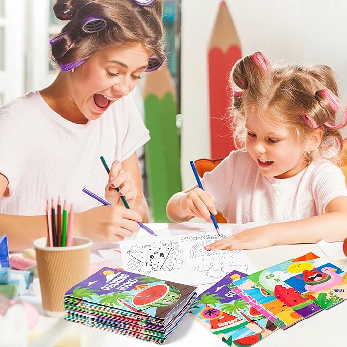 Dvbonike 24Pcs Watermelon Coloring Books Summer Themed DIY Color-in Pages with Seaside Beach Sunglasses Drawing Party Favors Gifts Home School Classroom Game Art Activity Supplies for Kids Age 4-8