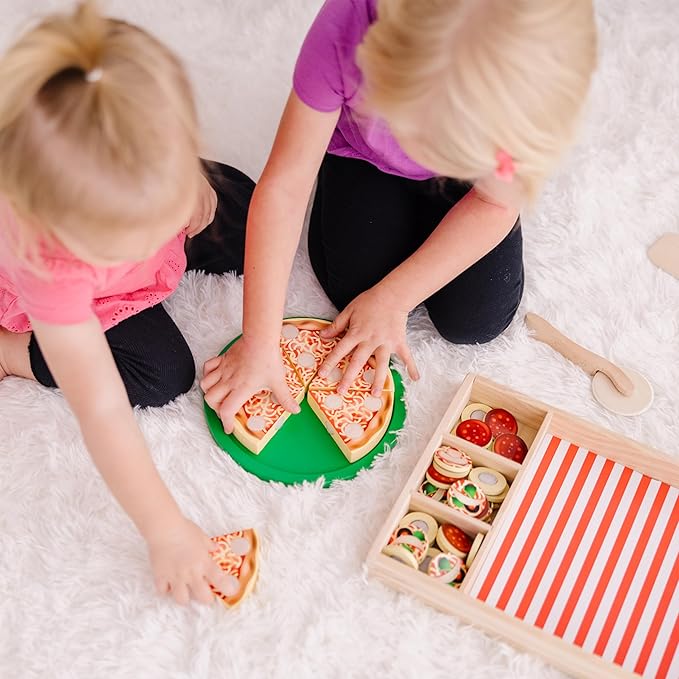 Melissa & Doug Pizza Party Wooden Pretend Play Food Set With 36 Toppings, Preschool Toy Pretend Food, Play Wooden Pizza And Cutter, Toy For Kids Ages 3+