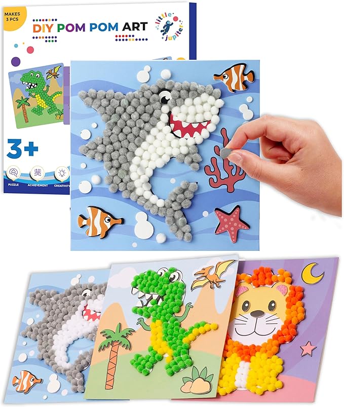 DIY Pom Pom Art - Makes 3 Art Pieces -Boy & Girl Crafts for Kids Age 3-5 - Toddler Crafts Ages 3-5 - Pom Pom Arts and Crafts - Art Projects for Kids 3-5 - (Set 1 -Lion, Shark, Dinosaur)
