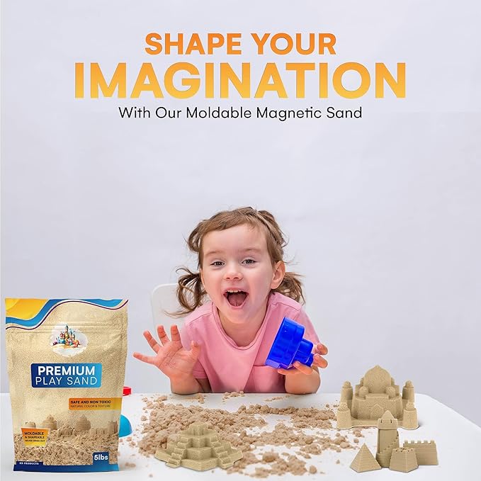 Natural 5 lbs Moldable Sand Refill Pack - Self-Sticking Magnetic Sand for Kids Sand Box Toys - Indoor Play Sand Bulk for Sensory Play Bin, and Sandbox - 5 Pounds Premium Play Sand with Resealable Bag
