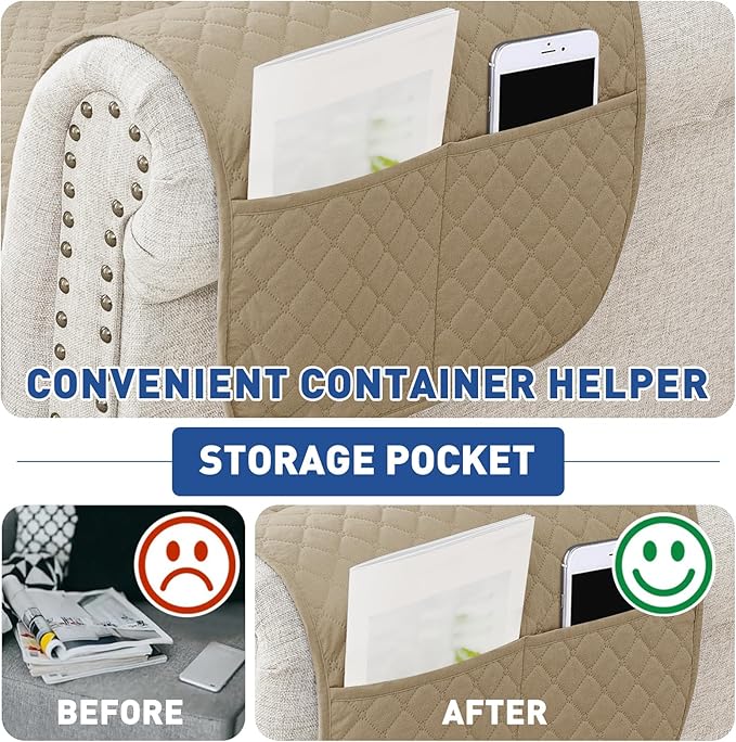XINEAGE Quilted Chair Sofa Cover Waterproof Chair Covers for Armchair, Super Soft Washable Slipcover with Pockets & Non-Slip Elastic Straps, Thick Furniture Protector (Chair, Khaki)