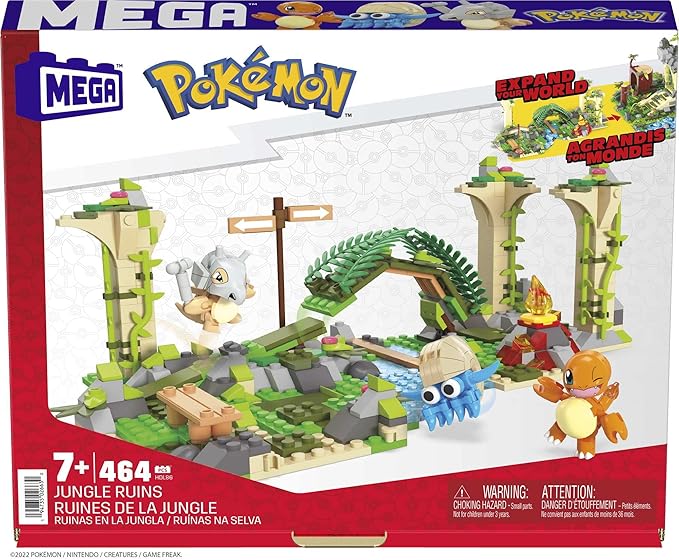 Mega Pokemon Action Figure Building Toy, Jungle Ruins with 464 Pieces, Motion and 3 Characters, Cubone Charmander Omanyte, Gift Idea for Kids