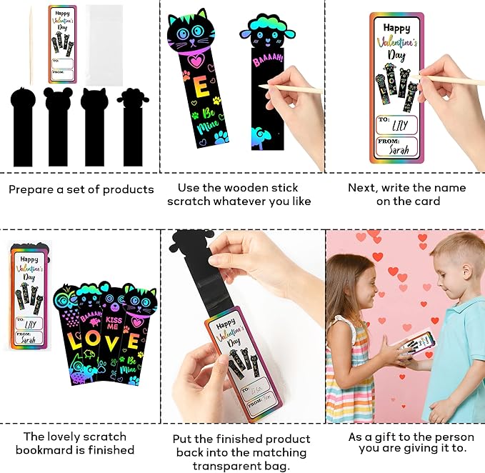 WATINC 28 Set Valentine's Day Animals Scratch Bookmarks with Cards for Kids, Valentine Scratch Off Card Art Craft Kit, Exchange Gift DIY Magic Color Paper for Classroom School Home Party Favor