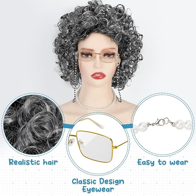 Old Lady Costume for Kids, Dark Gray Curly Wig Glasses Wig Cap Pearl Necklace Bracelet for 100 Days of School Costume