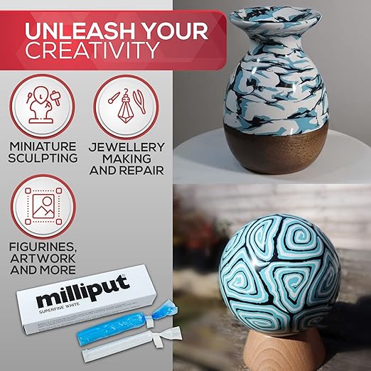 Milliput Plumbers Putty 10 Piece Set, Superfine White - with Sculpting Tools, Sanding Pad and Gloves - Ceramic Tile, Fiberglass Tub, Bath, Sink and Porcelain Repair Kit - 2 Part Epoxy Modeling Clay