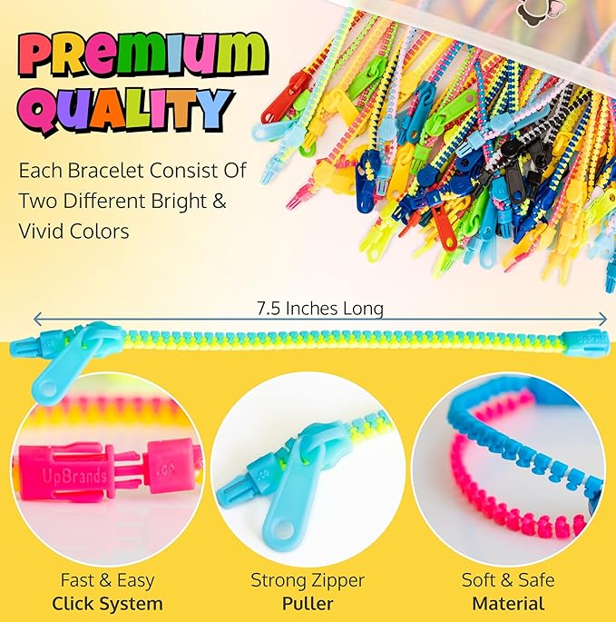 UpBrands 96 Party Favors for Kids Easter Egg Stuffers, Friendship Zipper Bracelets 7.5” Stress Relief Fidget Toys, Kit for Valentines, Birthday, Goodie Bags, Easter Egg Fillers, Classroom Rewards