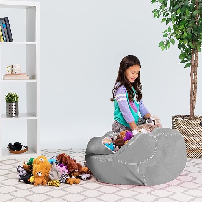 Posh Stuffable Kids Stuffed Animal Storage Bean Bag Chair Cover - Childrens Toy Organizer, X-Large 48" - Canvas Bubbles Blue and White