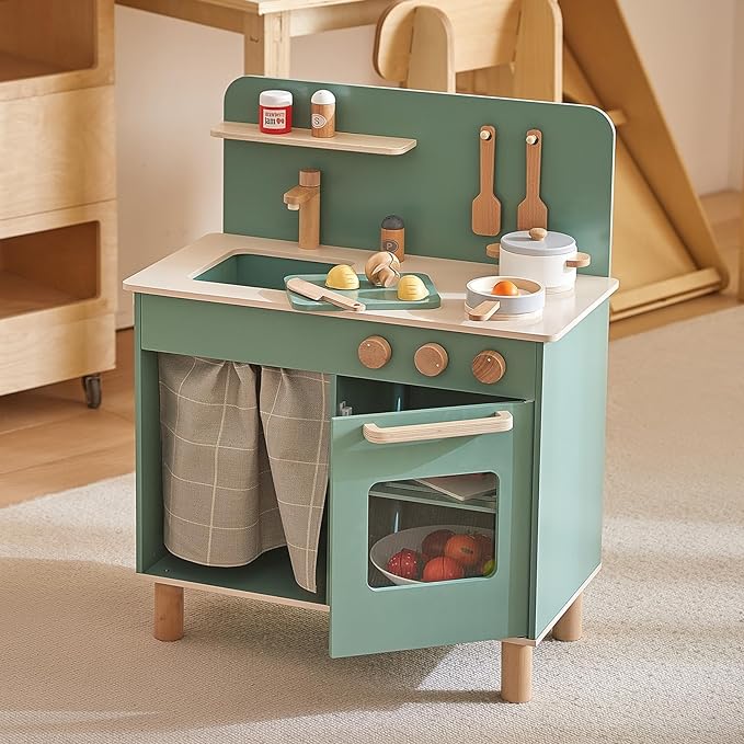 Giant bean Play Kitchen, Nordic Wooden Kitchen Playset Toy for Kids with Cookware Accessories, Pretend Play Cooking Food Set for 3+ Year Old Toddler Boys Girls