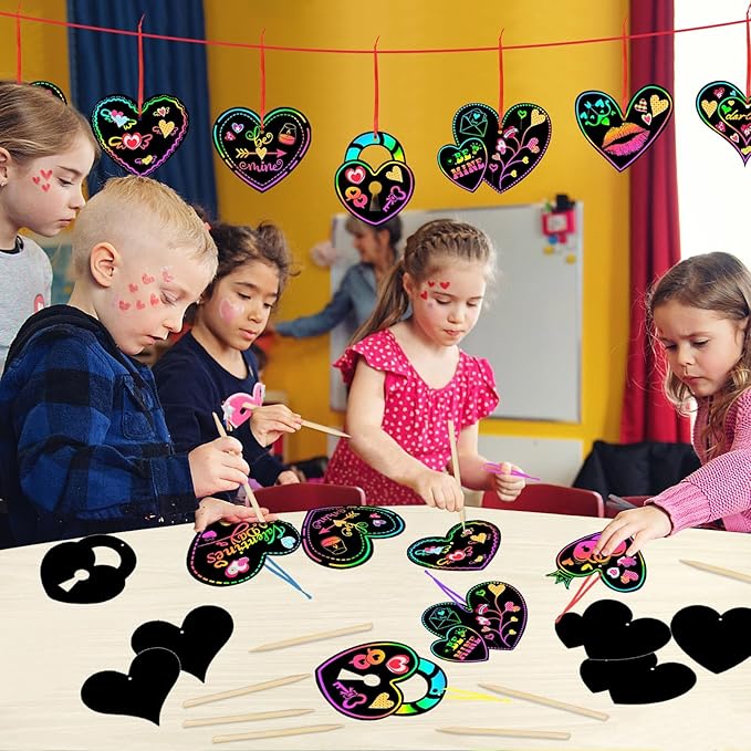 FEBSNOW Valentines Crafts for Kids, 48 PCS Heart Rainbow Magic Scratch Art Valentines Day Cards for Kids Classroom Scratch Paper Art for Valentines Day Gifts Party Favors witn Heart Stickers