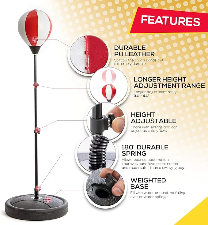 Whoobli Punching Bag for Kids Incl Boxing Gloves | 3-10 Years Old Adjustable Kids Punching Bag with Stand | Boxing Bag Set Toy for Boys & Girls (Red White); New 2025
