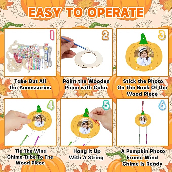 Fennoral 12 Pack Pumpkin Wind Chime Kit for Kids Make You Own Pumpkin Photo Frame Wind Chimes DIY Paint Fall Craft Wooden Ornaments for Art Project Autumn Thanksgiving Decoration