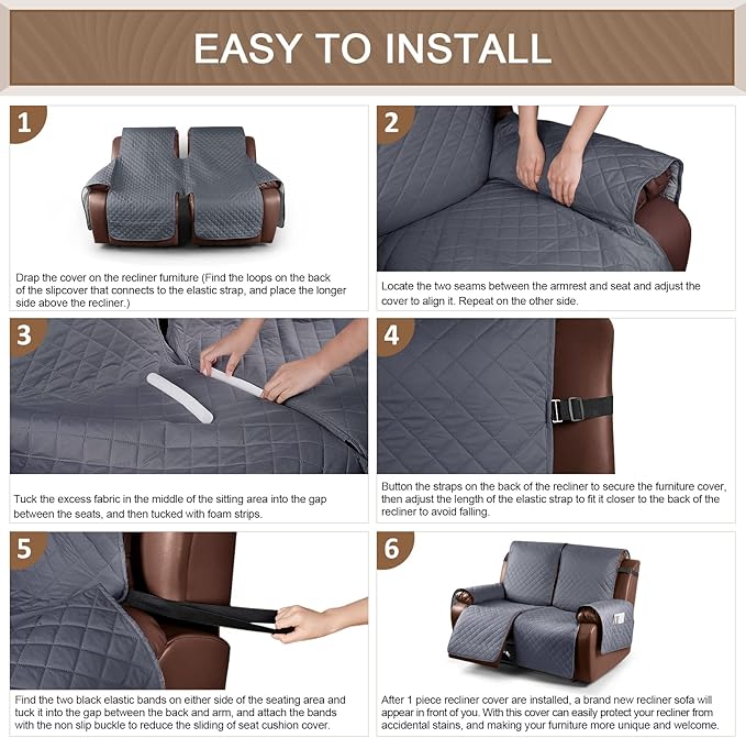 KinCam Waterproof Loveseat Recliner Cover, Non-Slip Reclining Couch Covers for 2 Seat, Recliner Sofa Cover Furniture Protector with Elastic Straps for Kids, Pets, Dark Gray