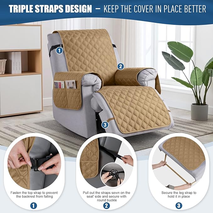 TAOCOCO 100% Waterproof Recliner Covers, Recliner Sofa Covers with Leg Straps, Reversible Recliner Couch Cover for Reclining Chair, Washable Couch Protector for Pets Kids(1 Seater 28", Camel)