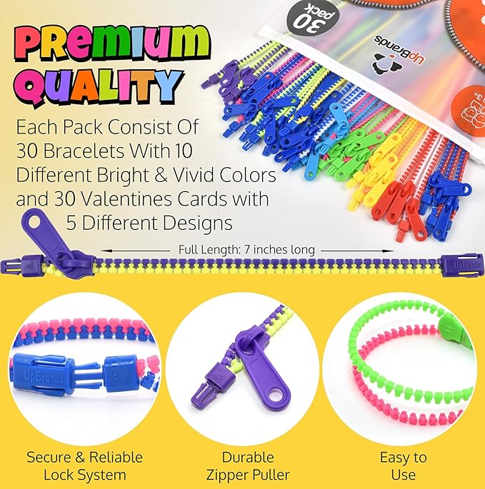 UpBrands 30 Valentine's Day Cards for Kids School & Fidget Zipper Bracelets Party Favors Toys, Bulk Valentine's Day Gifts for Kids, Classroom Exchange Gifts & Student Incentives