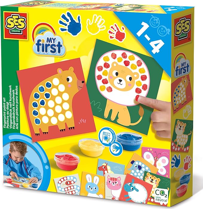 SES Creative: My First Fingerprint Paint Art - Craft Set, 10 Animal Coloring Sheets, Yellow-Red-Blue Non-Toxic Paint, Toy, Baby-Toddler-Kids Ages 1+