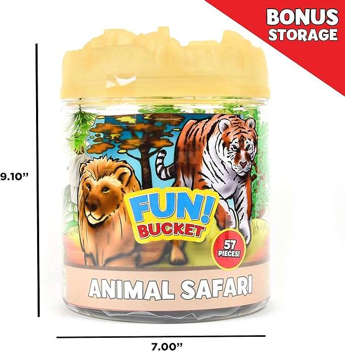 Sunny Days Entertainment Wild Animal Adventure Safari Bucket – 57 Piece Toy Play Set for Kids | Plastic Jungle Figures Playset with Storage Container