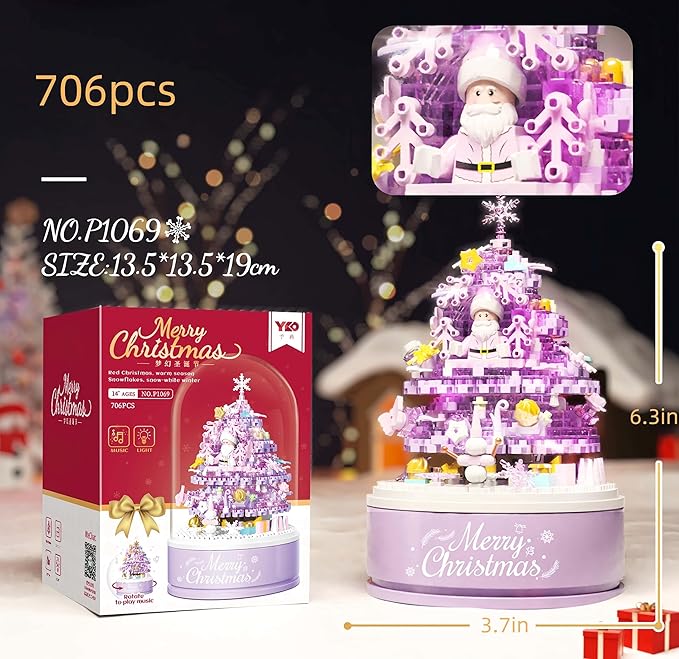 Christmas Tree Building Blocks Set for Kids - 2024 Rotating Christmas Tree Music Box with Glass Cover Xmas Holiday Construction Toy Gift for Boys and Girls (706PCS)